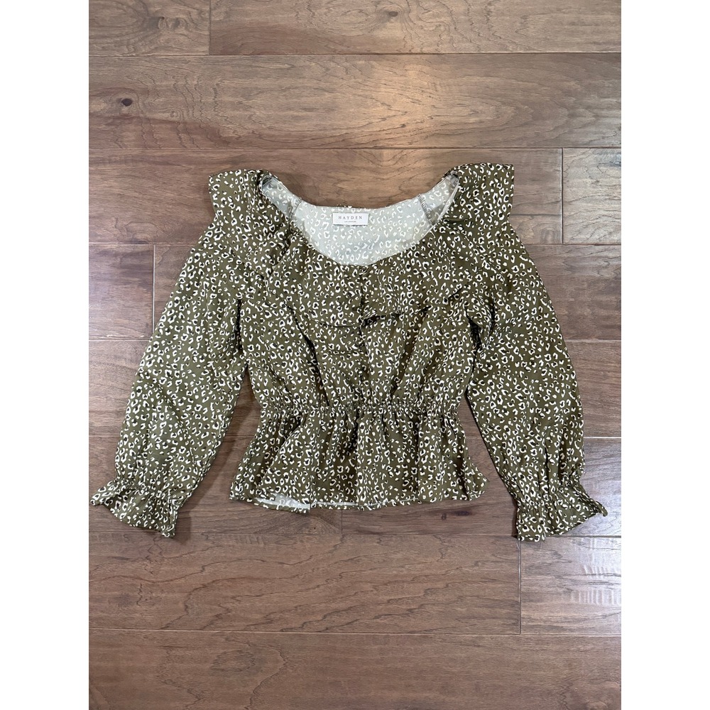 Hayden Los Angeles Olive Green Leopard Print Ruffle Peplum Blouse H7887 Small‎